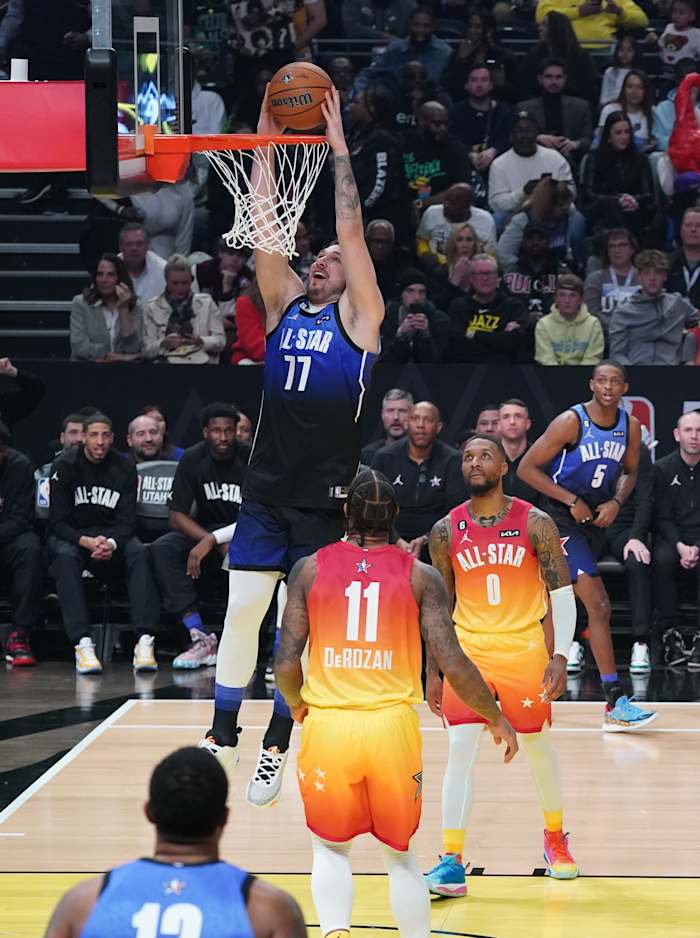 Luka Doncic dunks in the 2023 NBA All-Star Game.
